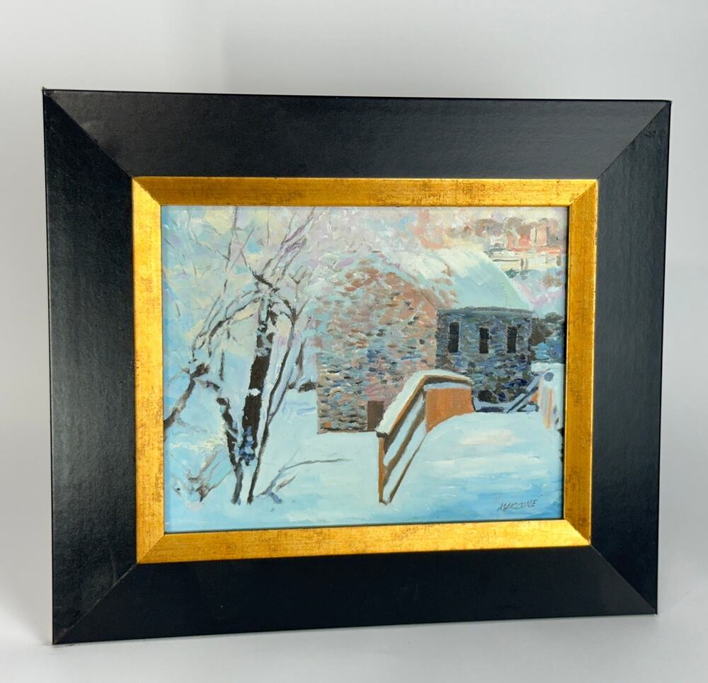 Ben Marcune Signed Oil Painting Snowy Stone Building Railing Winter Scene Framed